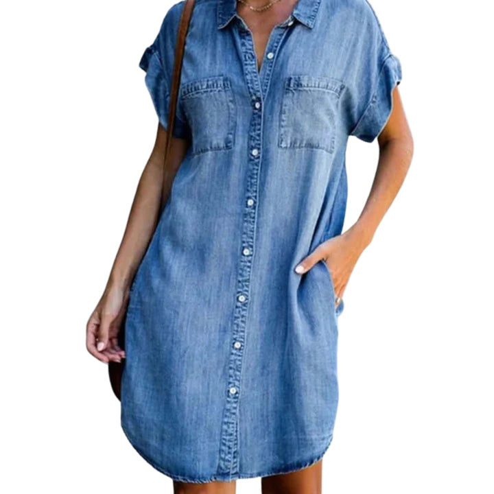 Damen-Denim-Kleid mit kurzen Ärmeln und zeitlosem Stil