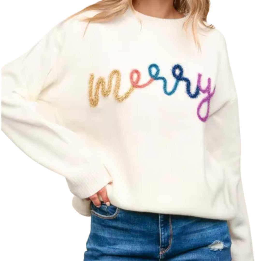 Weihnachtlicher Damenpullover mit Regenbogen-Schriftzug – Stylisch und bequem